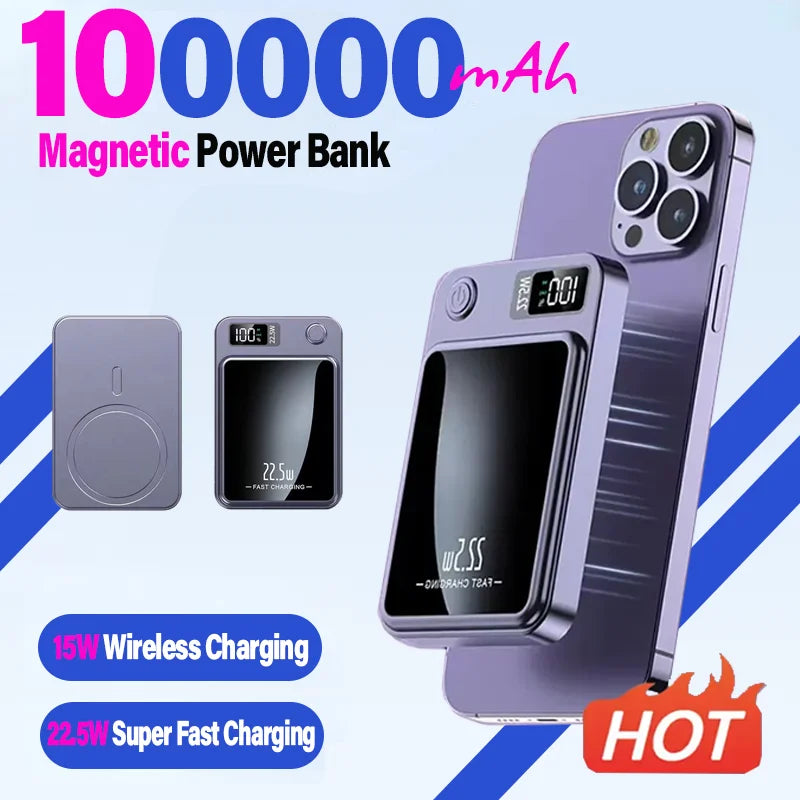 100000Mah Power Bank Magnetic Wireless 22.5W Ultra Capacity Super Fast Charging Magnetic Power Bank for Iphone15 Samsung Xiaomi